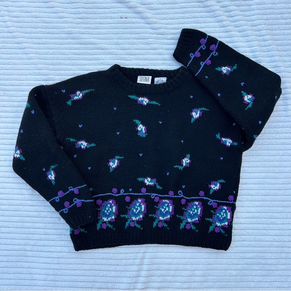 Black and Purple Vintage Floral Wool Sweater
